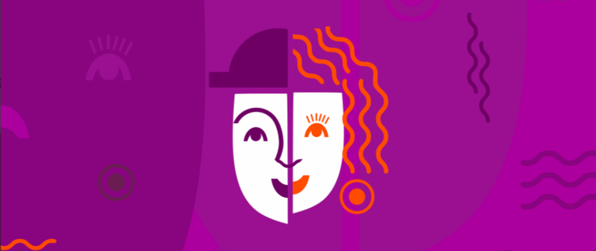 Rysunek asymetrycznej twarzy, maski kobieta-mężczyzna na fioletowym tle