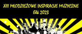 Plakat w jaskrawym cytrynowym kolorze przedstawia biały zarys dwóch postaci, grających na trąbce i saksofonie. Znajduje się na nim zaproszenie na XIII Młodzieżowe Inspiracje Muzyczne, które odbędą się 31 marca 2023r. o godz. 16.00 w sali koncertowej szkoły - wstęp wolny.
