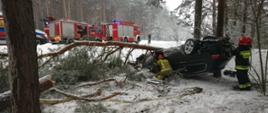 Zdjęcie przedstawia czarny samochód osobowy na dachu, znajdujący się poza pasem drogowym. Przy samochodzie stoi dwóch strażaków oraz trzeci pochylony. W oddali znajdują się dwa samochody pożarnicze oraz pojazd zespołu ratownictwa medycznego.