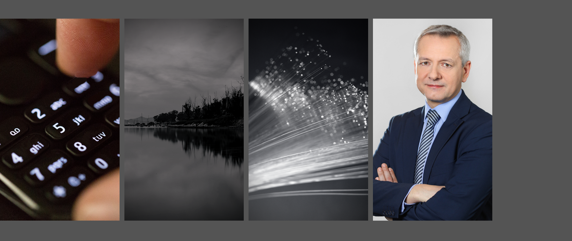 Układ czterech zdjęć, na pierwszym klawiatura telefonu, na drugim jezioro, na trzecim światłowód, na czwartym minister Marek Zagórski