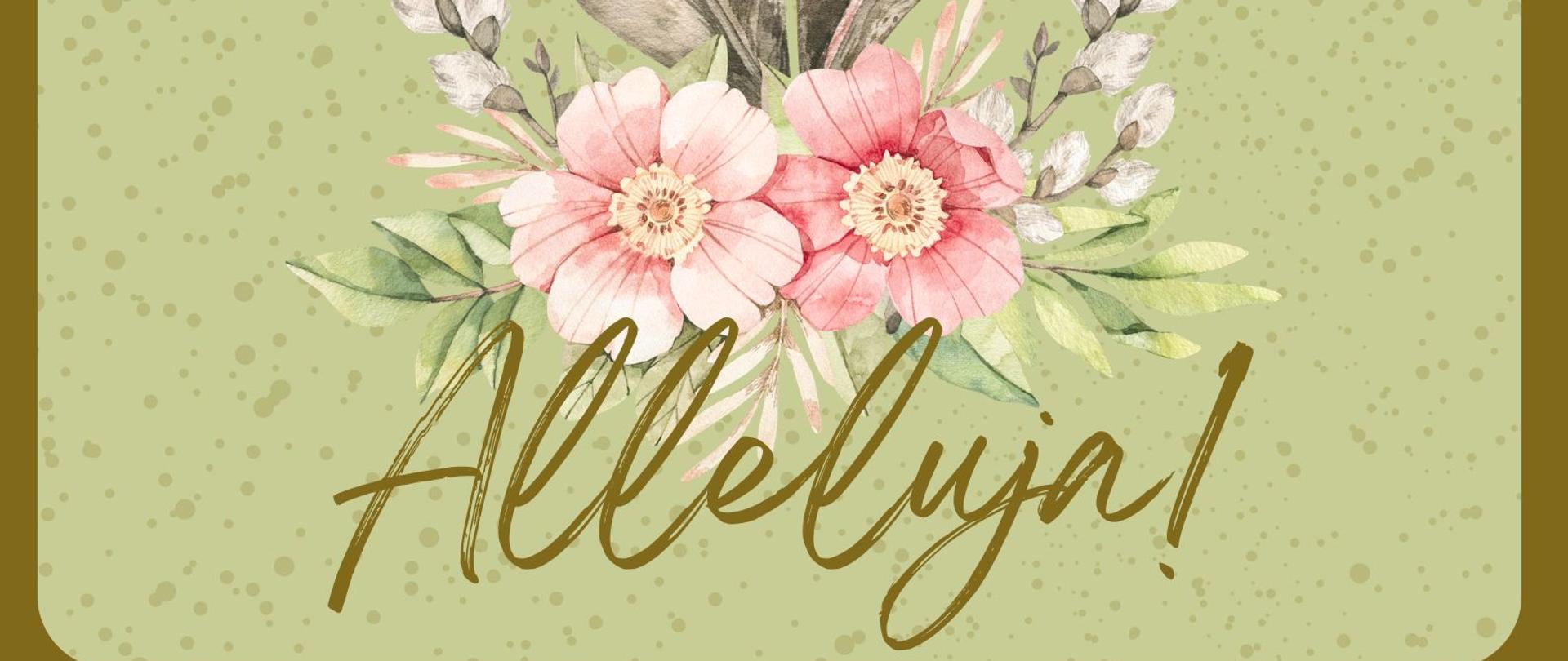 Zielone tło, grafika kwiatów, na górze logo szkoły, tekst dotyczący życzeń wielkanocnych od dyrekcji i pracowników szkoły.