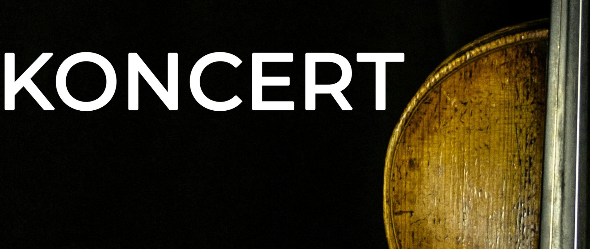 Plakat na czarnym tle z ikoną altówki po stronie prawej z informacją o koncercie na całej powierzchni w kolorze białym.