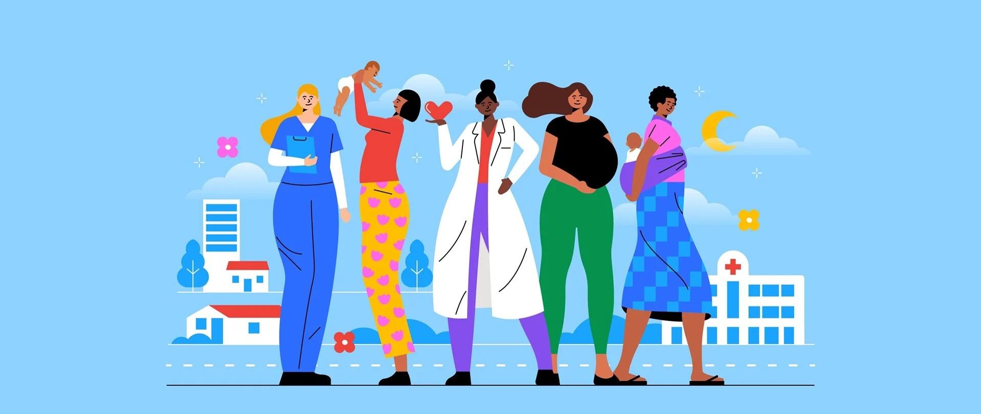 na zdjęciu narysowanych pięć osób stojących w rzędzie na niebieskim tle, pierwsza z nich to pielęgniarka ubrana na niebiesko z jasnymi długimi włosami, druga osoba to kobieta unosząca niemowlę do góry, kobieta ubrana jest w żółte spodnie w różowe kwiatki i czerwoną bluzkę, trzecia osoba to ciemnoskóra kobieta w kitlu lekarskim, czwarta osoba kobieta w ciąży z długimi brązowymi włosami ubrana w zielone spodnie i czarną bluzkę na krótki rękaw. piąta kobieta z krótkimi włosami z dzieckiem niesionym w chuście na plecach