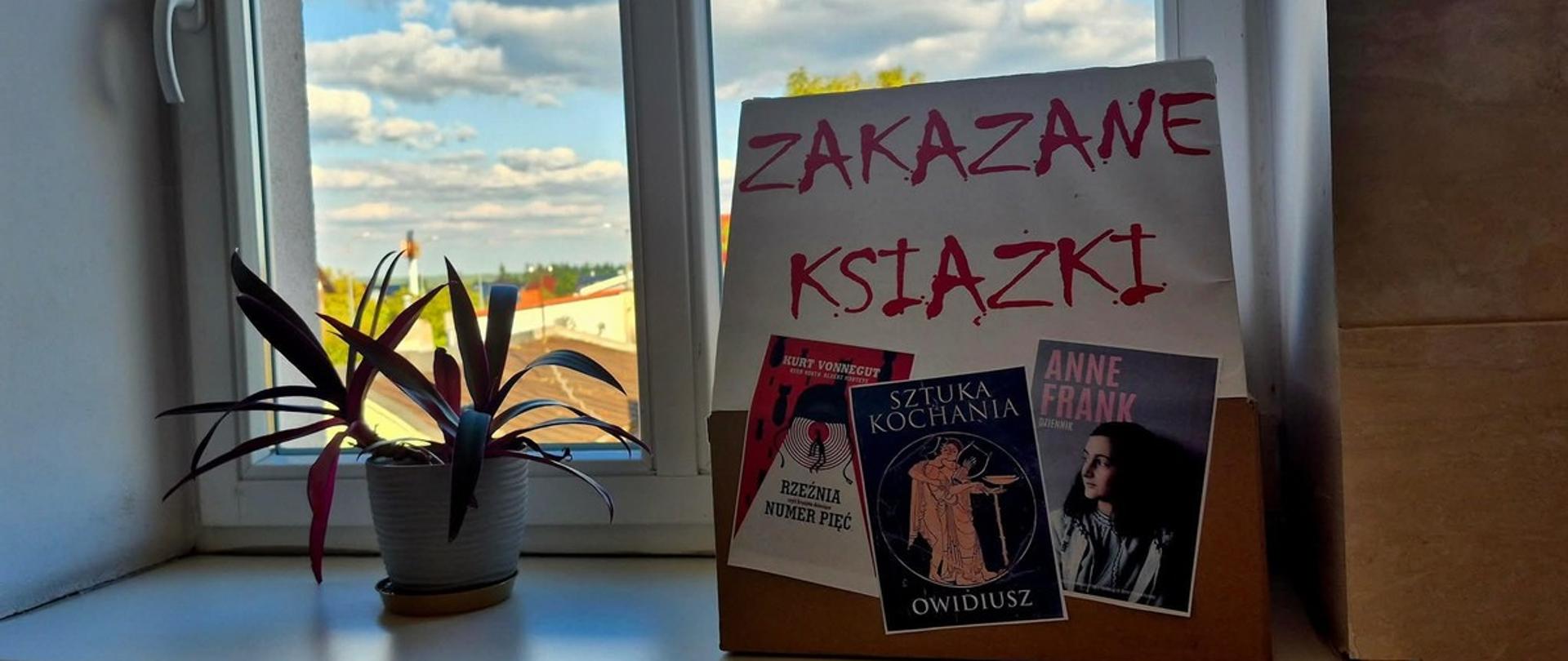 Na zdjęciu, na parapecie koło kwiatka stoi napis - Zakazane Książki. W tle, za oknem widać błękitne niebo z niewielką ilością chmur