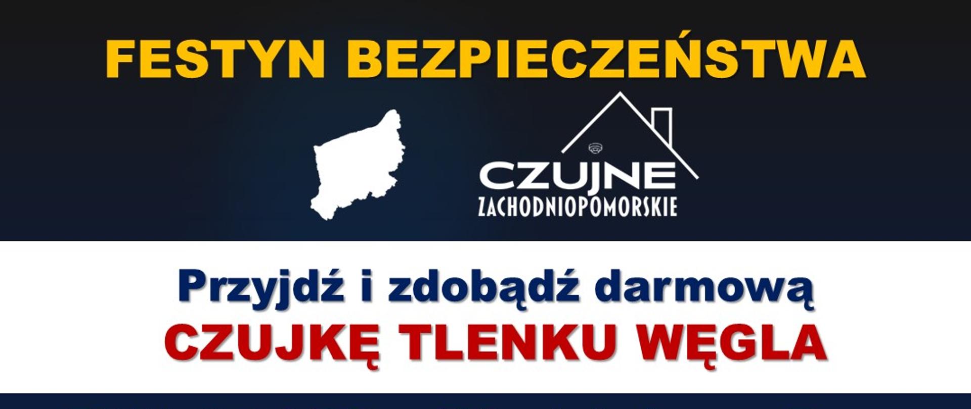Plakat promuje Festyn Bezpieczeństwa organizowany w ramach programu Czujne Zachodniopomorskie. Wydarzenie odbędzie się 16 października 2025 r. o godzinie 14:00 w Młodzieżowym Domu Kultury w Białogardzie przy ul. Grunwaldzkiej 49. Uczestnicy będą mogli otrzymać darmową czujkę tlenku węgla oraz zapoznać się z działaniami na rzecz bezpieczeństwa przeciwpożarowego. Celem akcji jest zwiększenie świadomości mieszkańców i zapewnienie, by każde zachodniopomorskie gospodarstwo domowe było czujne i bezpieczne. Na dole plakatu umieszczono logotypy organizatorów i partnerów, w tym Wojewody Zachodniopomorskiego, Marszałka Województwa, PSP, ZOSP RP oraz WFOŚiGW w Szczecinie.
