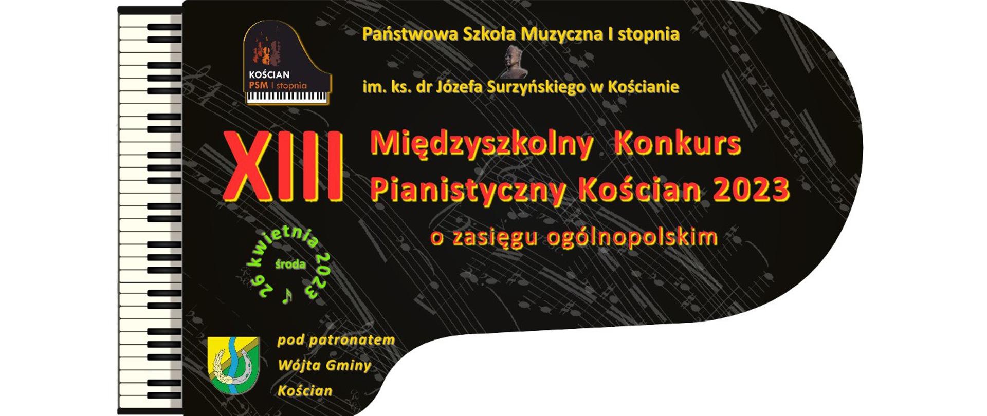 plakat w kształcie pudła fortepianu widzianego z góry z informacjami o XIII Międzyszkolnym Konkursie Pianistycznym Kościan 2023