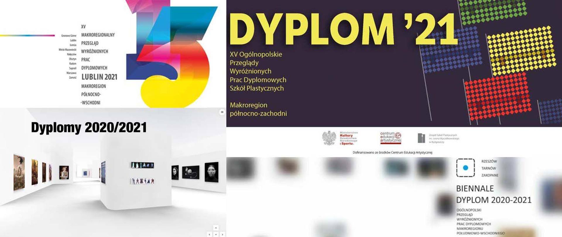 Grafika złożona z plakatów informujących o dyplomach 2021/22 w szkołach plastycznych
