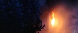 Na zdjęciu widać jeżyki ogni wydobywające się z okna mieszkania 