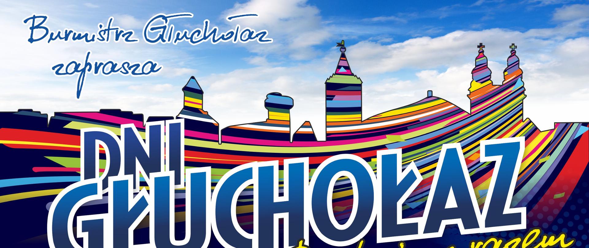 Plakat centralnie granatowe tło powyżej zarys budynku Głuchołazy w kolorach w podłużnych pasach powyżej zdjęcie nieba z chmurami napis burmistrz Głuchołaz zaprasza dni Głuchołaz świętujmy razem centralnie purpurowe koło napis 17 18 czerwca 2023 w tle 6 kół ze zdjęciami twarzy Anna Jurksztowicz an Dred e Karina B.R.O łobuzy Red Lips Anthony Eska poniżej harmonogram w trzech kolumnach 17 czerwca sobota mała scena 15 dziecięce studio piosenki 16 Szkoła Muzyczna w Głuchołazach Duża Scena 17 uroczyste otwarcie 17:30 o Mirek 19:00 krem 20:30 Anthony Eska 21 Pro 22:15 Red Lips centralnie 18 czerwca niedziela mała scena 15:00 animacje dla dzieci 16:30 młodzieżowe studio piosenki CK Duża Scena 18:00 Anna Jurksztowicz z zespołem 19:30 Andreo e Karina 21 łobuzy imprezy towarzyszące sobota rozpoczęcie dwudniowego pleneru malarskiego Centrum Kultury 10 spacer z przewodnikiem po Głuchołazach 11:00 siatkarski międzynarodowym memoriał imienia Radosława szczeblowskiego 11 turniej wytrzymałościowy wyciskania sztangi Rynek 15 eksplozja kolorów wyrzut kolorowych proszków muszla Leśna poniżej www.gochołazy.pl poniżej na białym tle logo organizatorów gmina Głuchołazy współorganizatorzy GOSiR GKTBS GOSiR oraz logo partnerów oraz partnerów medialnych