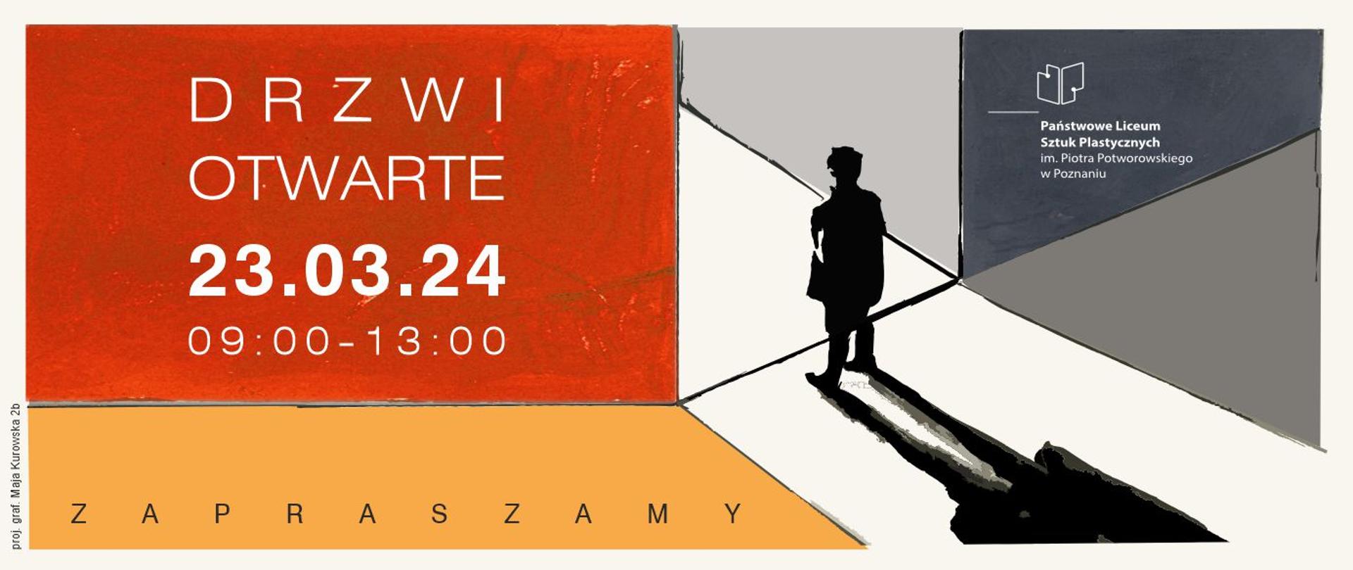 Grafika czerwono pomarańczowa po lewej stronie a po prawej czarno biała . Po lewej stronie napis DRZWI OTWARTE 23.03.2024 a po prawej czarna postać rzucająca cień