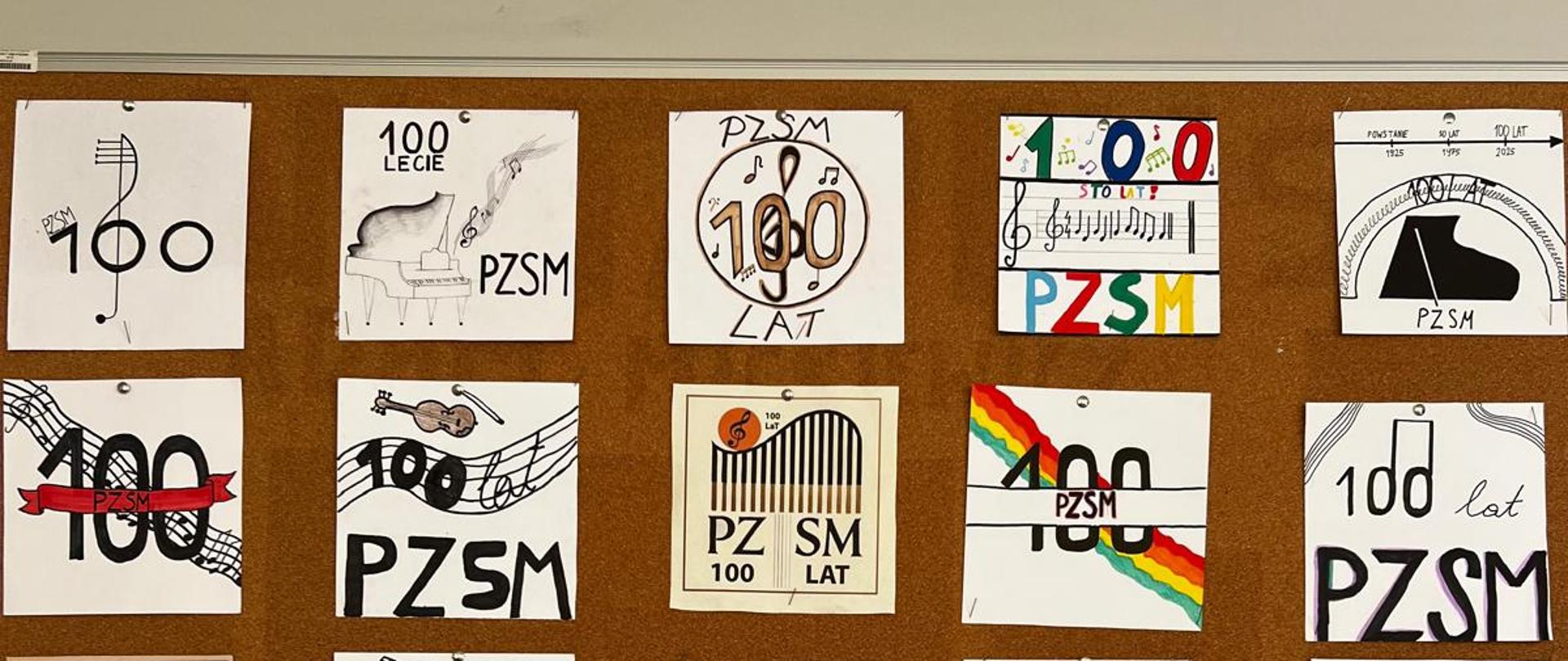 na brązowym tle male białe kartki z logiem i nazwą szkoly