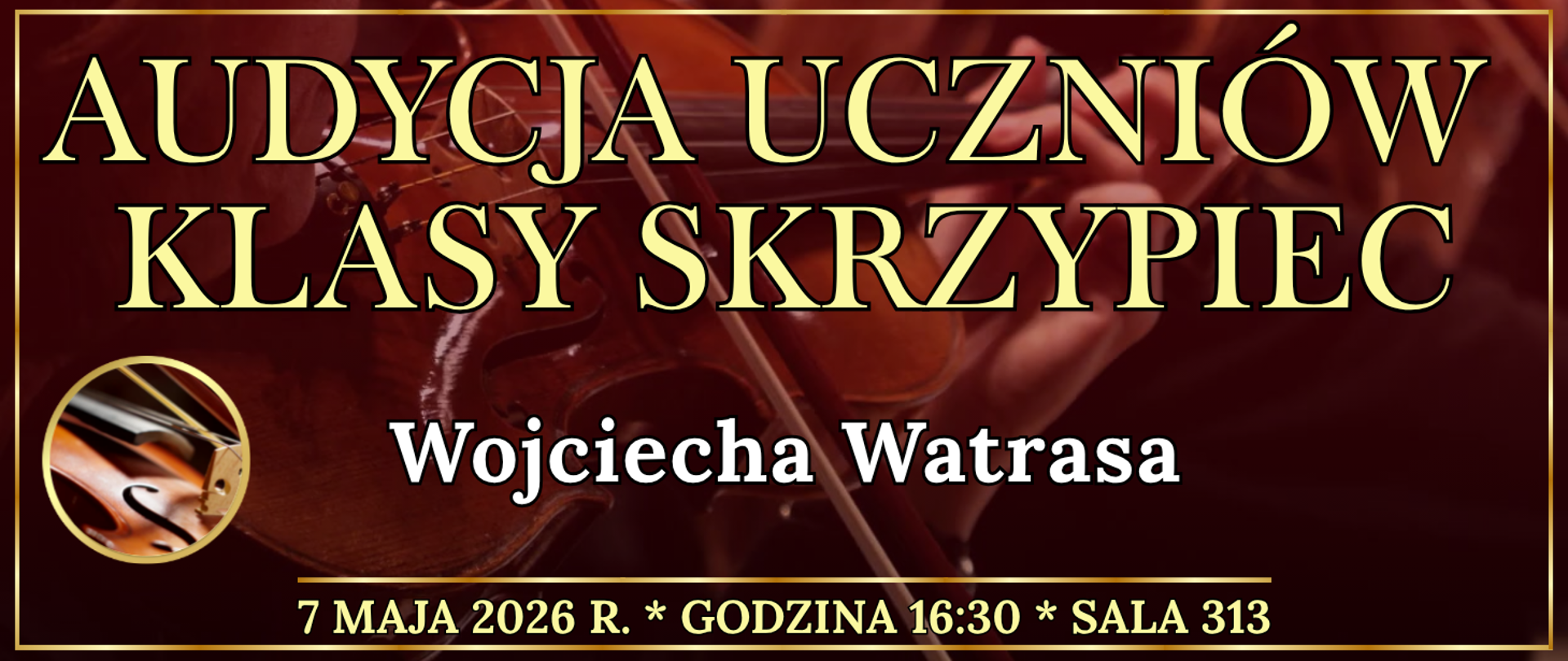 ciemny baner ze złotą ramką w tle osoba grająca na skrzypcach oraz informacja o wydarzeniu