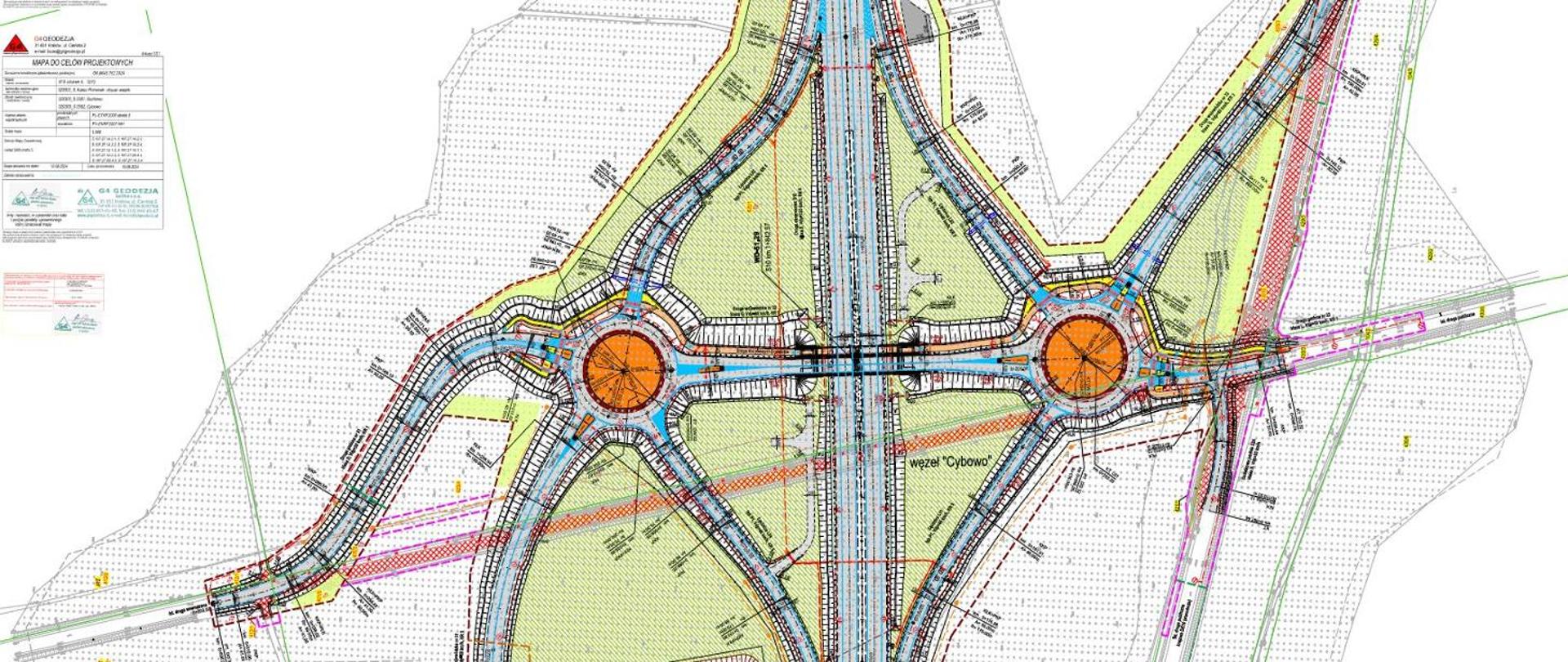 Plan sytuacyjny przedstawiający projekt układu drogowego z dwoma rondami połączonymi odcinkami jezdni, wraz z oznaczeniami pasów ruchu, chodników, zieleni i elementów infrastruktury technicznej.