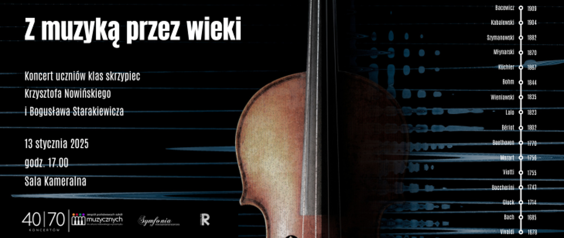Na plakacie widnieje tytuł „Z muzyką przez wieki” zapisany dużą, białą czcionką w górnej części. W centralnej części plakatu znajdują się informacje o wydarzeniu: „Koncert uczniów klas skrzypiec Krzysztofa Nowińskiego i Bogusława Starakiewicza”, a poniżej data – „13 stycznia 2025, godz. 17.00” oraz miejsce – „Sala Kameralna”. Tło plakatu jest ciemne, z delikatnymi, abstrakcyjnymi liniami przypominającymi nuty lub dźwięki. Po prawej stronie znajduje się fragment skrzypiec.
Na prawej krawędzi plakatu widnieje oś czasu, na której wymienione są nazwiska znanych kompozytorów, takich jak Vivaldi, Bach, Mozart, Beethoven i inni, wraz z datami ich urodzin, co podkreśla historyczny wymiar koncertu. W dolnej części plakatu umieszczono logotypy: „40/70 koncertów”, „Zespołu Państwowych Szkół Muzycznych” oraz „Symfonii”. Plakat utrzymany jest w eleganckim, klasycznym stylu, nawiązującym do tematyki muzycznej.