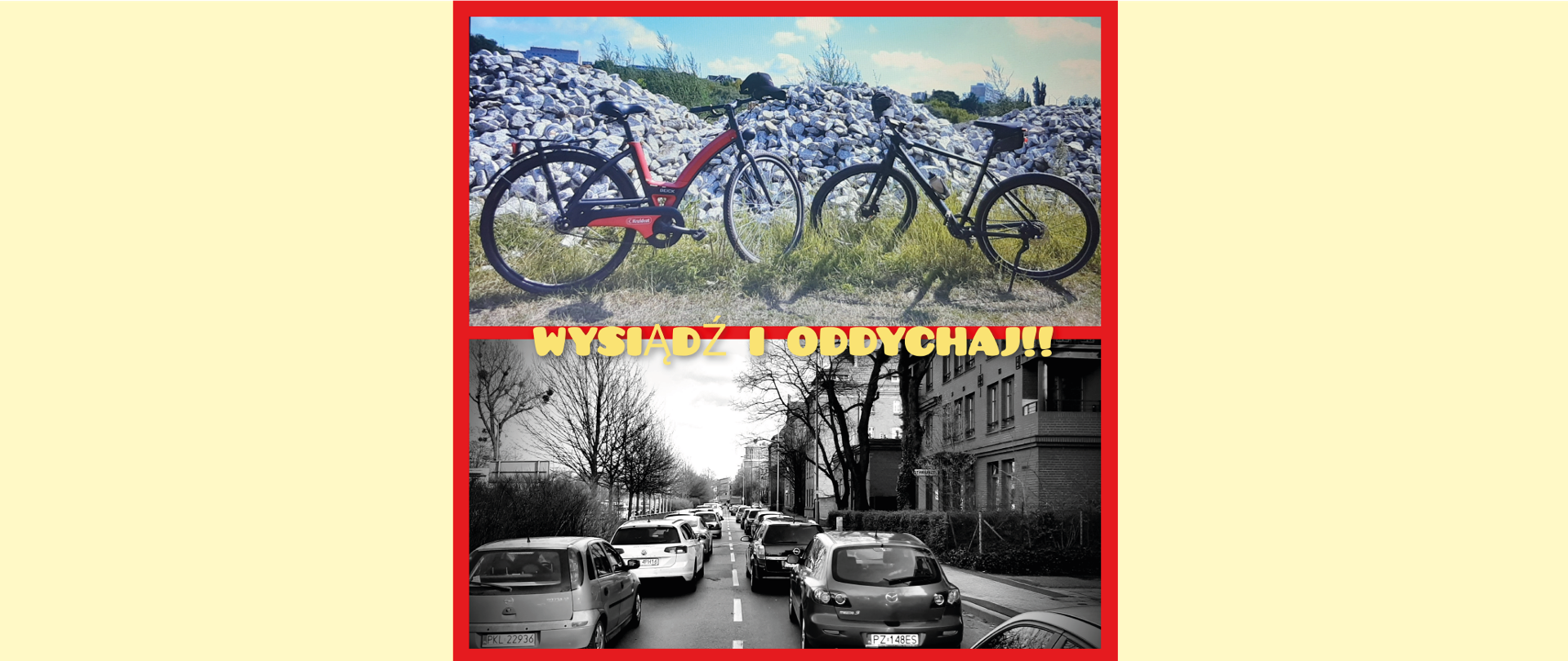 Zdjęcie przedstawiające w górnej części rowery jako alternatywny środek poruszania się do samochodów umieszczonych na dole. Praca zajeła I miejsce w konkursie „Nasza Planeta – Nasze Zdrowie”
