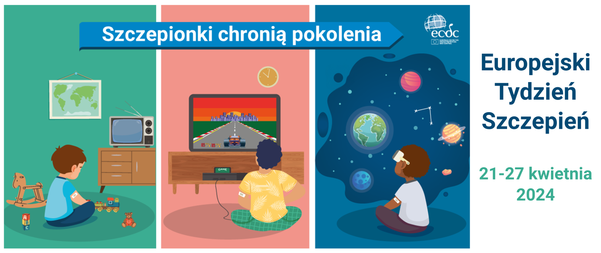 Europejski Tydzień Szczepień 2024 Trzy obrazki przedstawiające małe dzieci podczas zabawy
