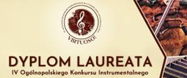 Zdjęcie przedstawia logo IV Ogólnopolskiego Konkursu Instrumentalnego Virtuoso, grafikę instrumentów