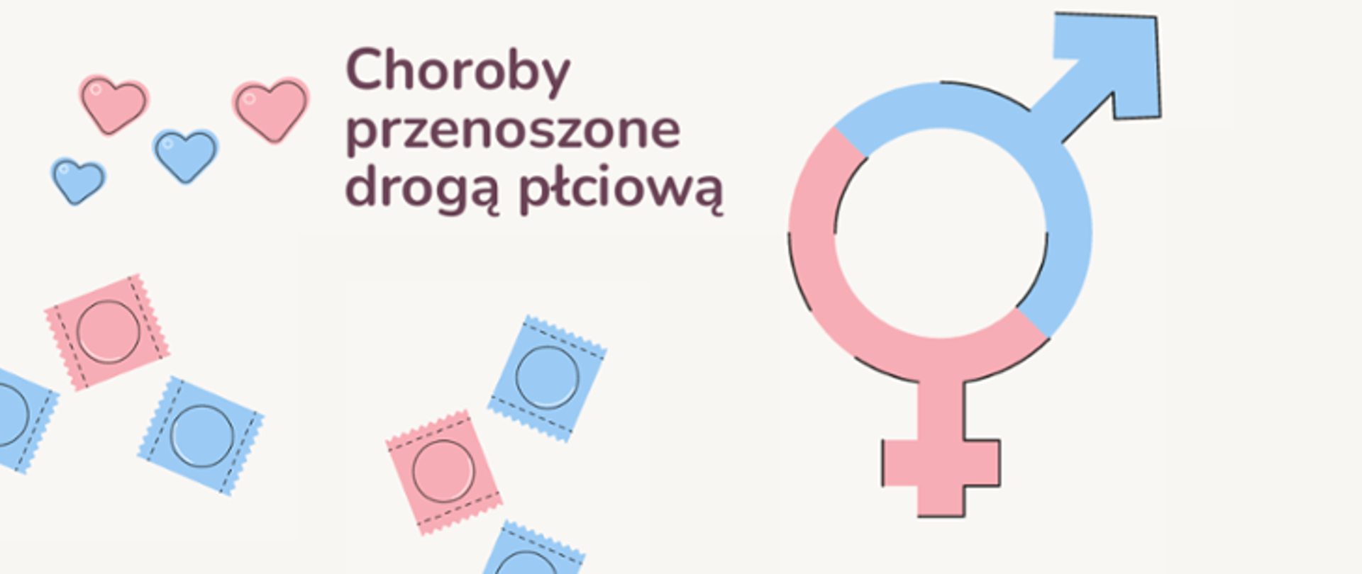na jasnożółtym tle różowe i niebieskie prezerwatywy i serduszka oraz znak płci męskiej i żeńskiej, napis choroby przenoszone drogą płciową