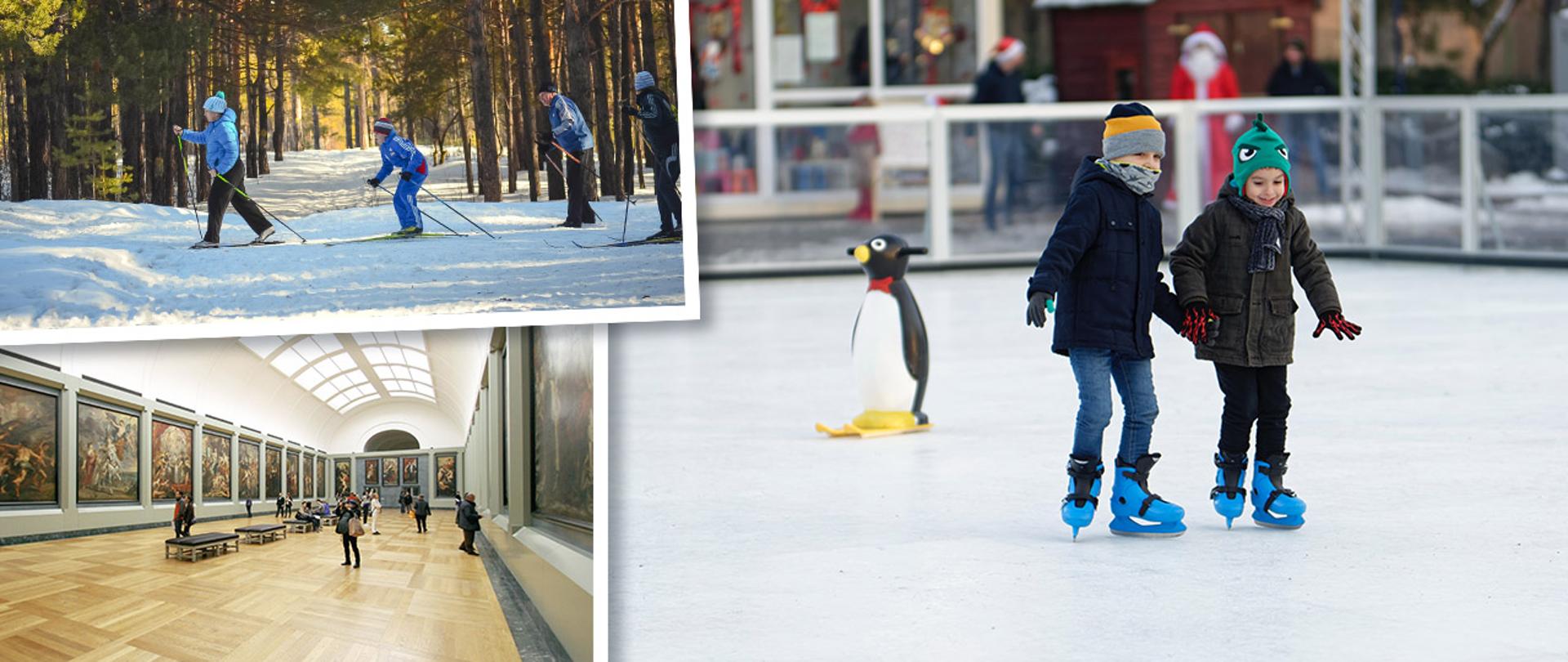 Kolaż zdjęć przedstawiający zajęcia podczas ferii. Jazda na nartach, na łyżwach i zwiedzanie wnętrza muzeum.