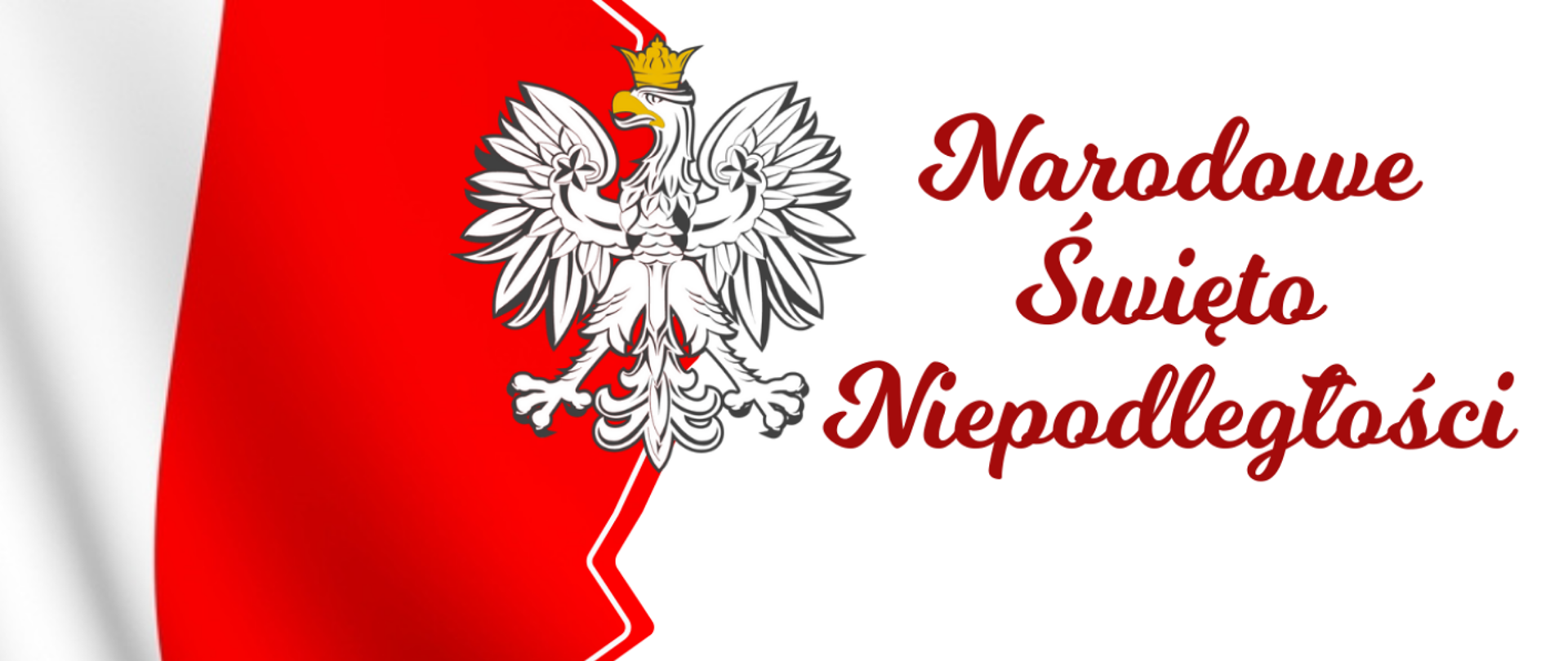 Na obrazku po lewej stronie przebiega z góry na dół biało- czerwona flaga Polski. U góry w centralnej części biały orzeł w złotej koronie. Po jego prawej stronie czerwony napis "Narodowe Święto Niepodległości". Poniżej na białym tle czarne napisy zapraszające na koncert dla Niepodległej w dniu 08.11.2023 o godz. 18:00 w Sali Koncertowej.
