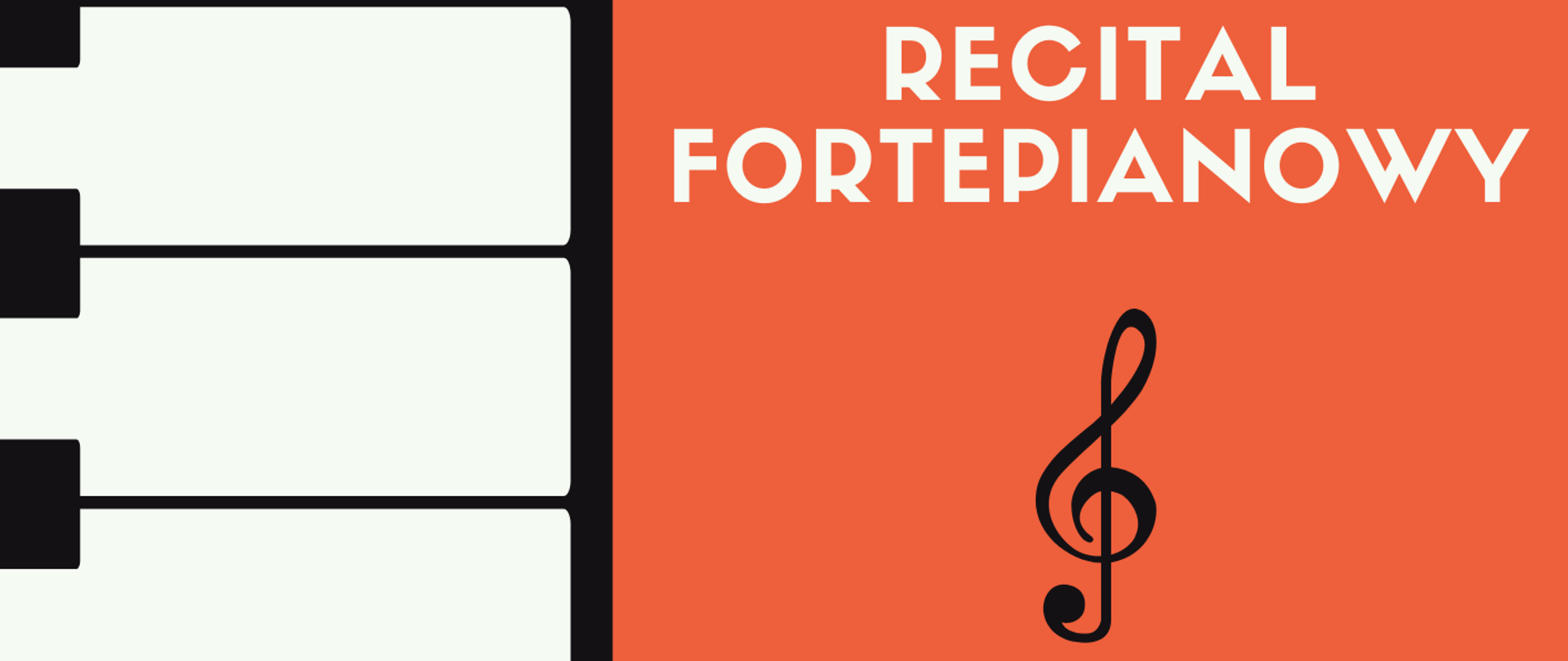 Plakat ze szczegółami koncertu na pomarańczowym tle z grafiką klawiatury fortepianu po lewej stronie oraz kluczem wiolinowym na środku plakatu