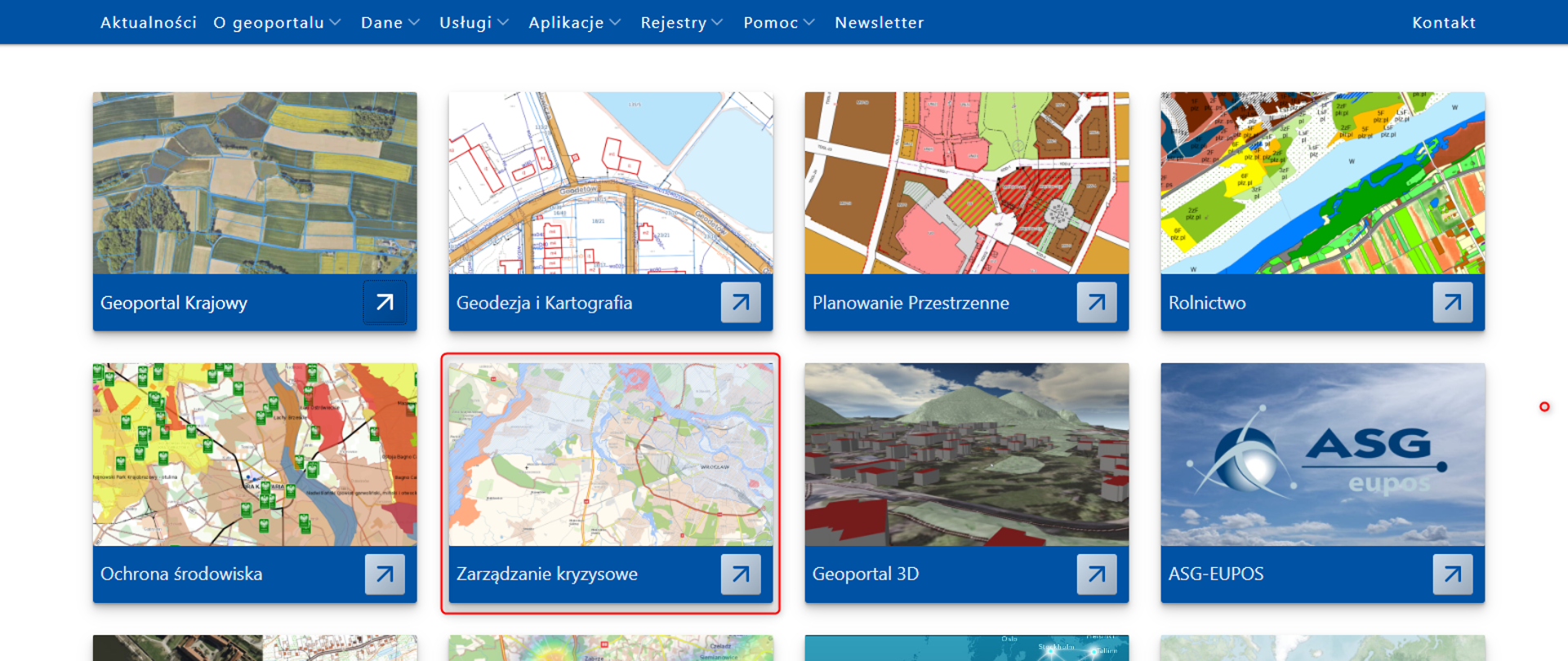 zrzut ekranu z serwisu Geoportal z zaznaczoną nową kompozycją mapowa "Zarządzanie kryzysowe"