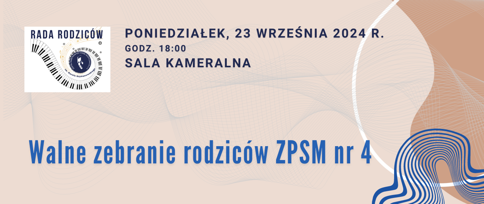 Baner na walne zebranie rodziców 23.09.2024 o godz. 18 w sali kameralnej - grafika na beżowym tle z logotypem Rady Rodziców oraz elementami abstrakcyjnych linii i siatek
