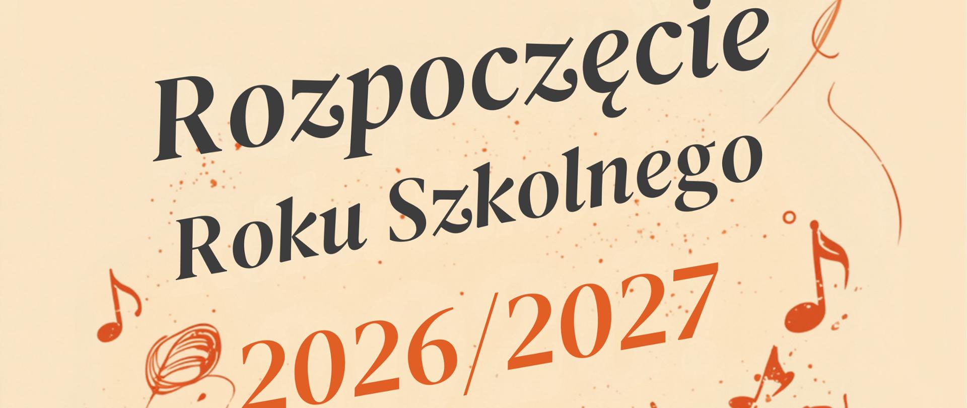 czarno pomarańczowe napisy na beżowym tle pomarańczowe nuty i brązowy fortepian