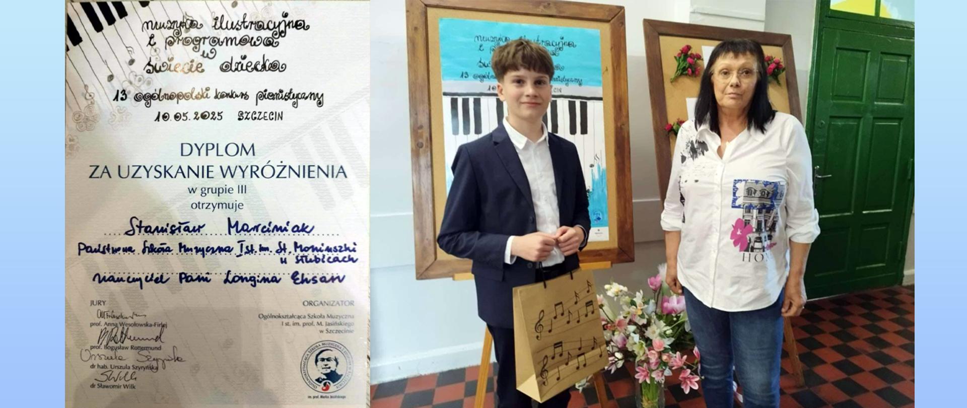 Collage dwóch zdjęć, na jednym dyplom wyróżnienia, na drugim uczeń stoi z nauczycielką w auli szkoły.