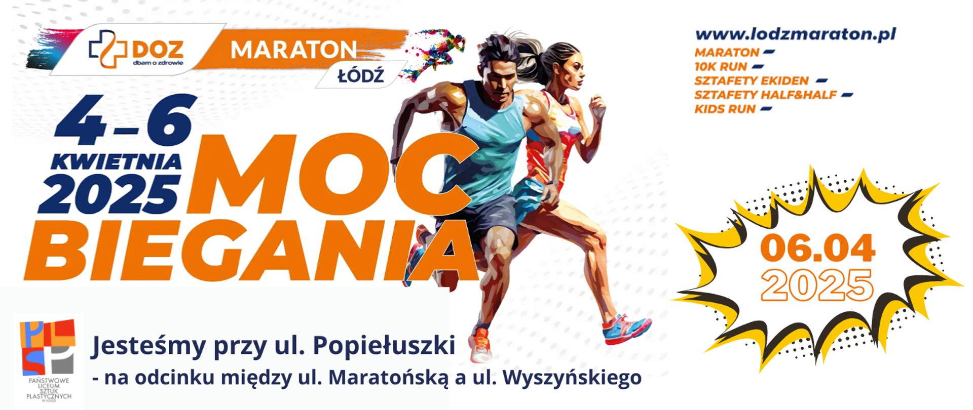 Wielobarwna grafika informująca o Mistrzostwach Polski w Maratonie Kobiet i Mężczyzn organizowanym przez DOZ. PLSP jest przy ul. Popiełuszki - na odcinku między ul. Maratońską a ul. Wyszyńskiego