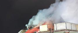 Zdjęcie przedstawia strażaków gaszących pożar budynku mieszkalnego w Osiekach.