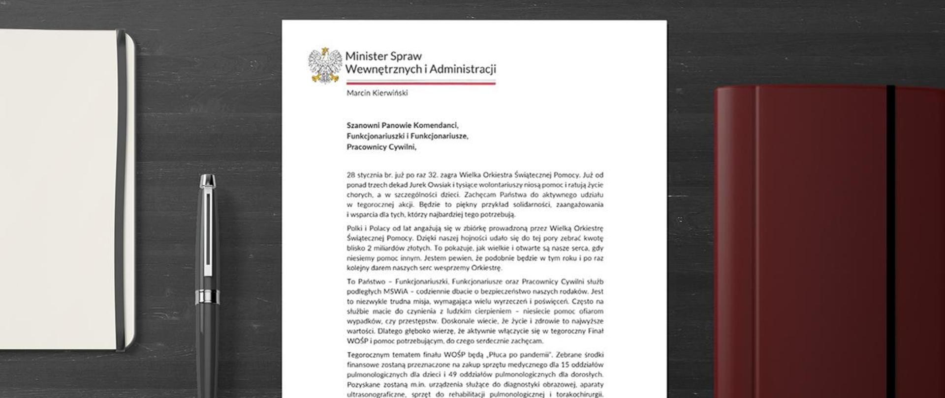 Zdjęcie przedstawia list Ministra MSWiA dotyczący Wielkiej Orkiestry Świątecznej Pomocy