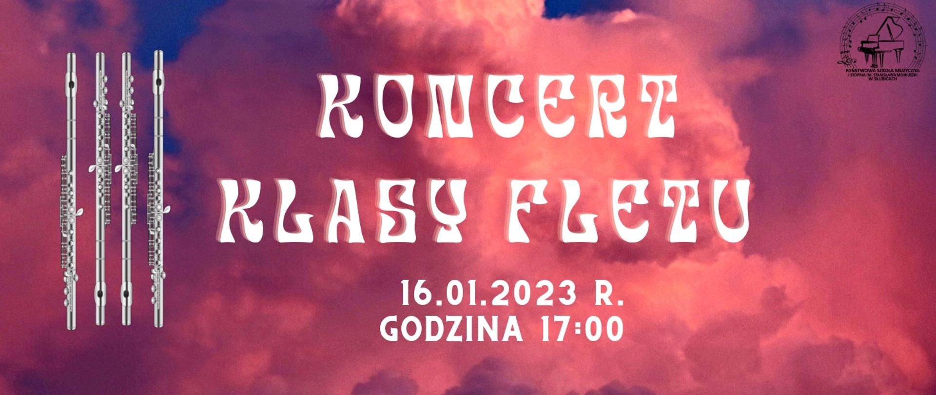 Grafika zapowiadająca koncert klasy fletu w dniu 16.01.2023. Na różnokolorowym tle logo szkoły oraz tekst opisujący datę i miejsce koncertu oraz wykonawców.