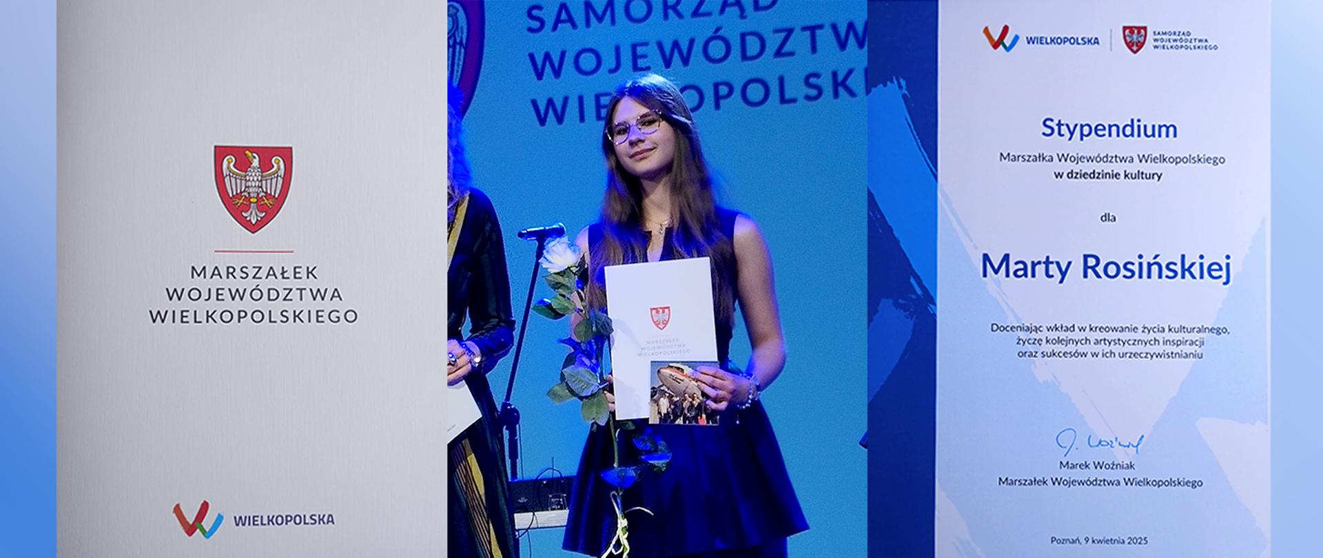 laureatka stoi i z różą i dyplomem na scenie, po lewej i prawej zdjęcie dyplomu