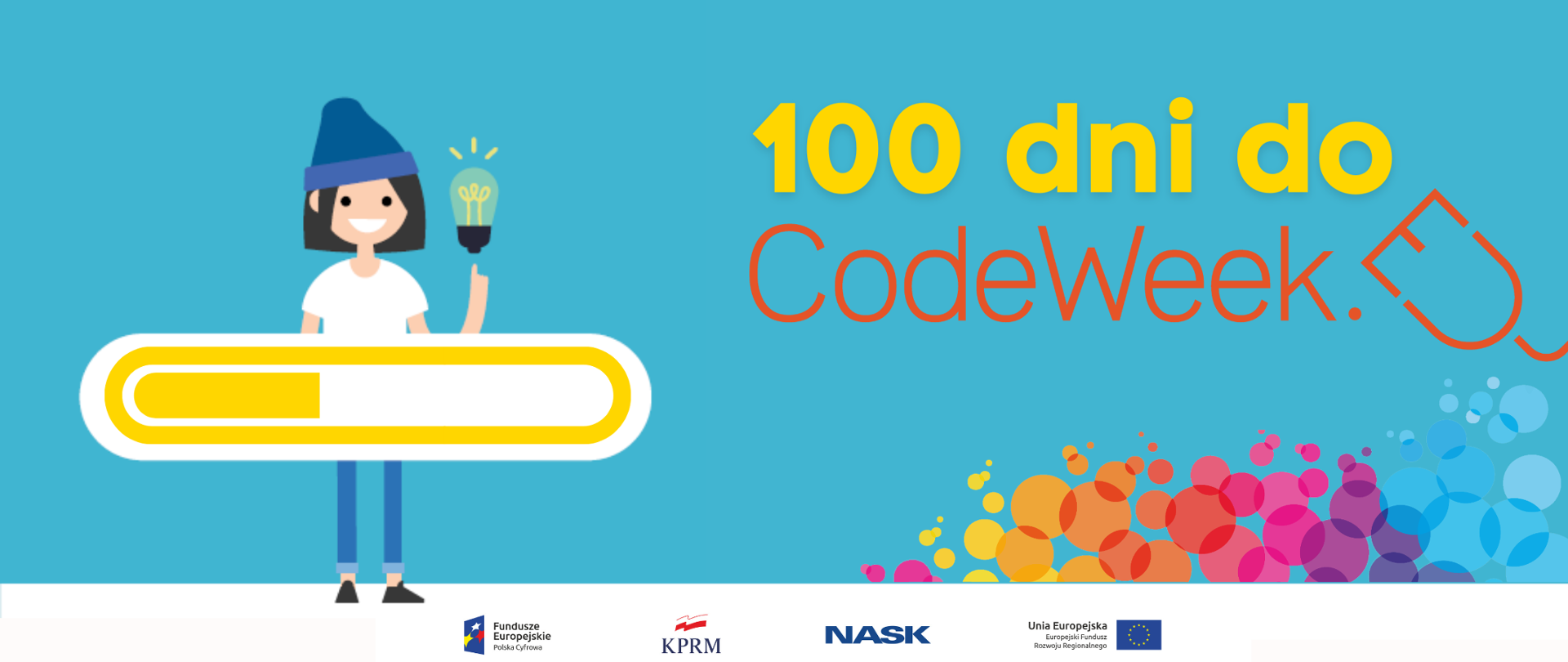 Kolorowa grafika wektorowa, błękitne tło. Po lewej stronie uśmiechnięty chłopiec, unosi palec lewej dłoni do góry, nad nim - żarówka. Niżej żółty symbol postępu czasu. Z prawej strony tekst: 100 dni do CodeWeek.