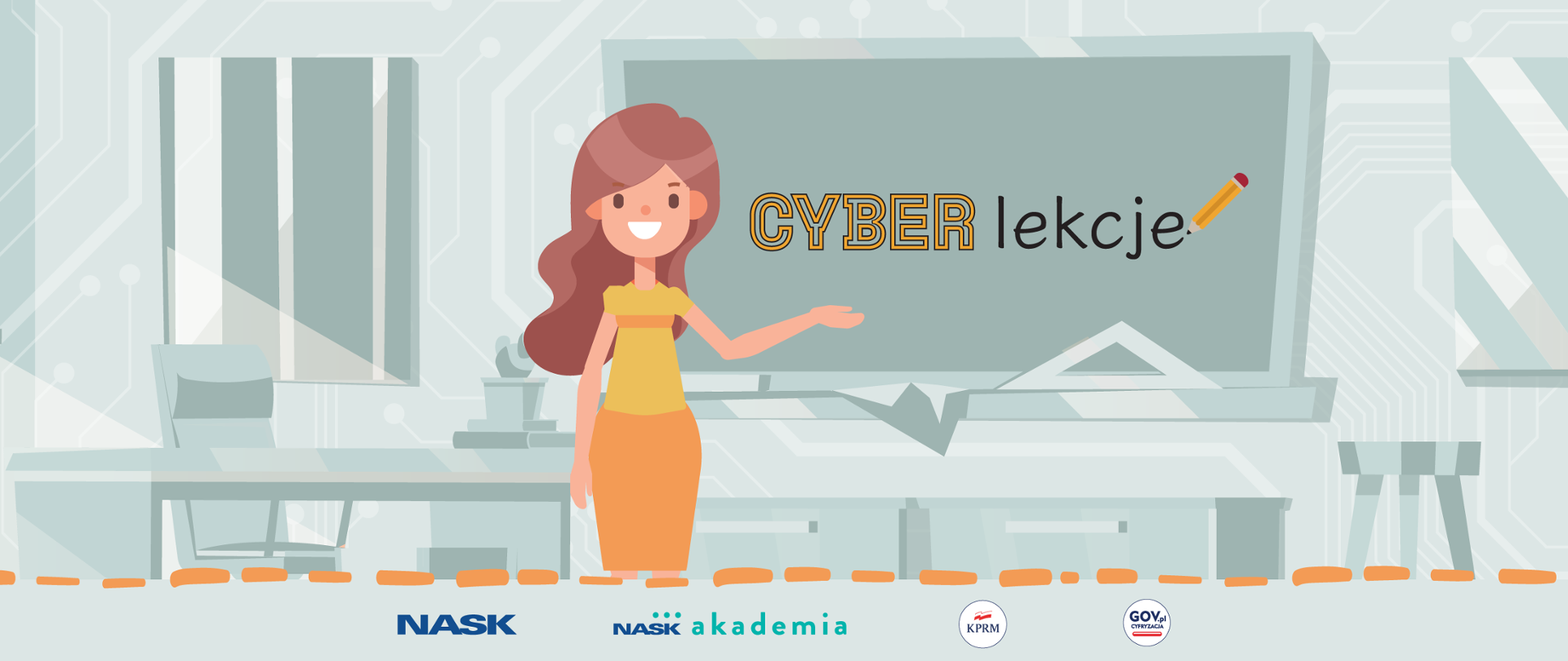 rysunkowa grafika przedstawia salę lekcyjną. W sali młoda nauczycielka wskazuje dłonią na tablicę na której widnieje napis "CYBER lekcje" 
