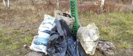 Worki wypełnione odpadami stoją oparte o zielony słupek z napisem rezerwat przyrody 