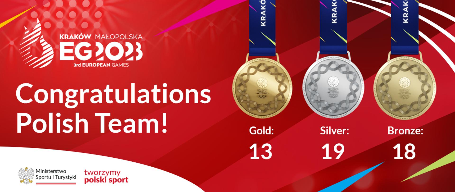 Red banner with pictures of medals that Polish Team won during European Games in Krakow