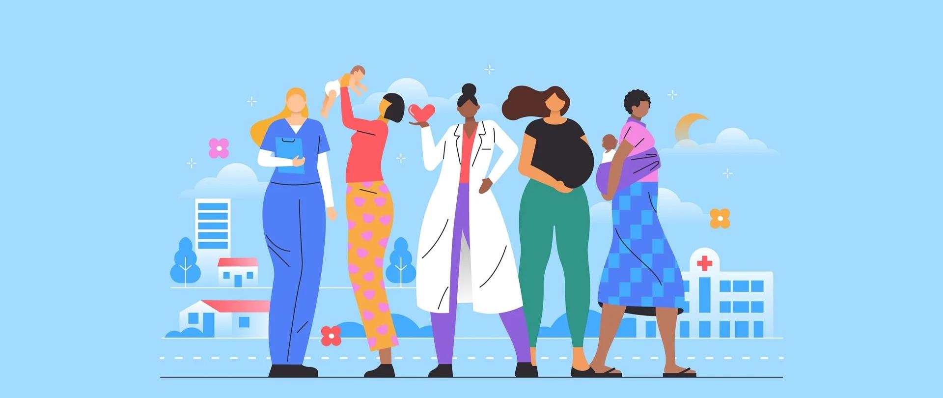 Plakat przedstawiający grafikę pięciu kobiet w kolorowych strojach