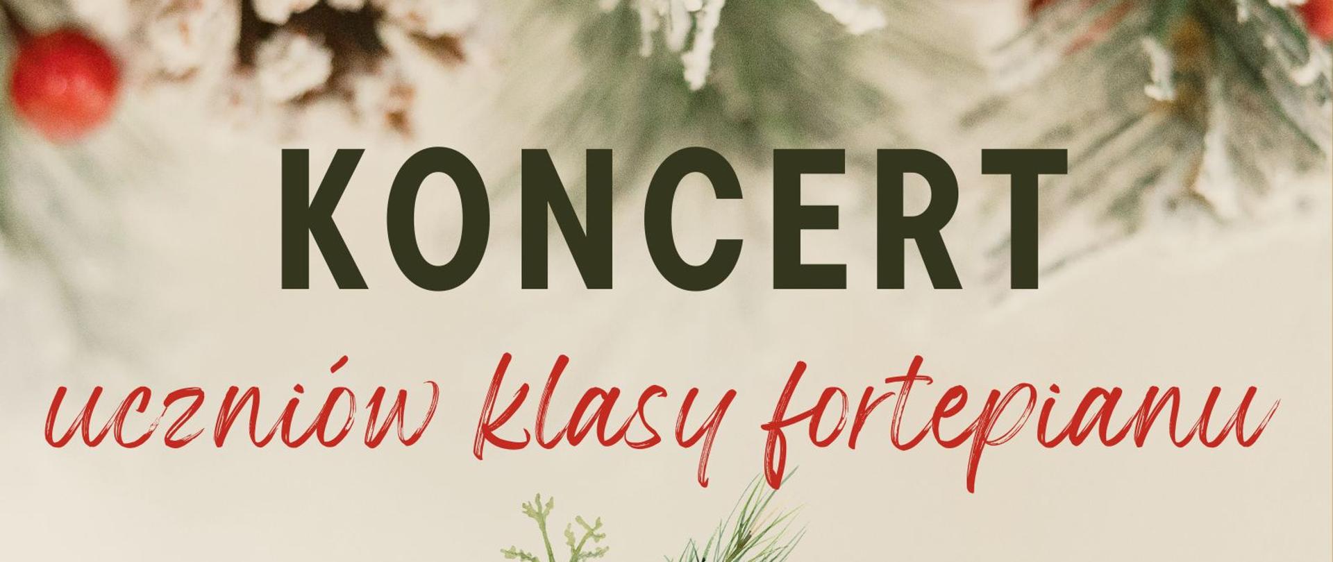 Grafika zimowo-świąteczna z informacją o koncercie klasy fortepianu