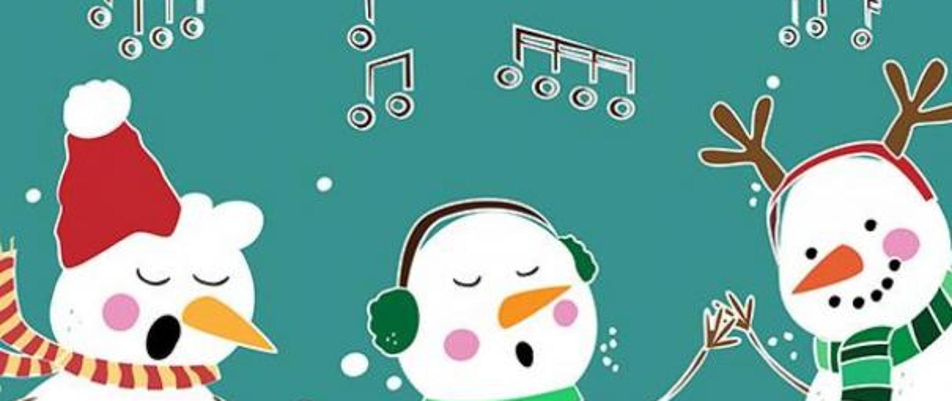 Grafika przedstawia trzy bałwany z kolorowymi szalikami