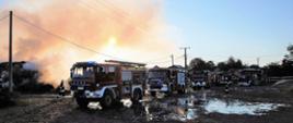 Na zdjęciu widzimy sześć samochodów pożarniczych ciężarowych z których są rozwinięte linie gaśnicze, widać chodzących strażaków w pełnym uzbrojeniu. W tle widać dymiące się sterty gaszonego siana.