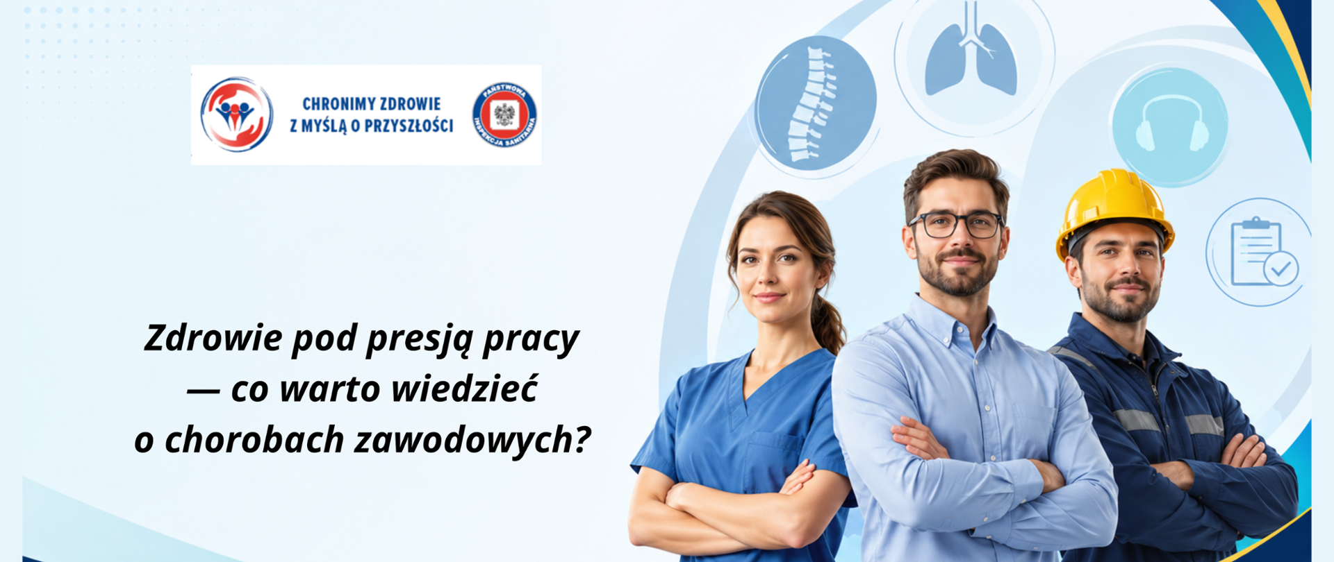 Zdrowie pod presją czas- co warto wiedzieć o chorobach zawodowych? 3 pracowników stojących z założonymi rękoma. 