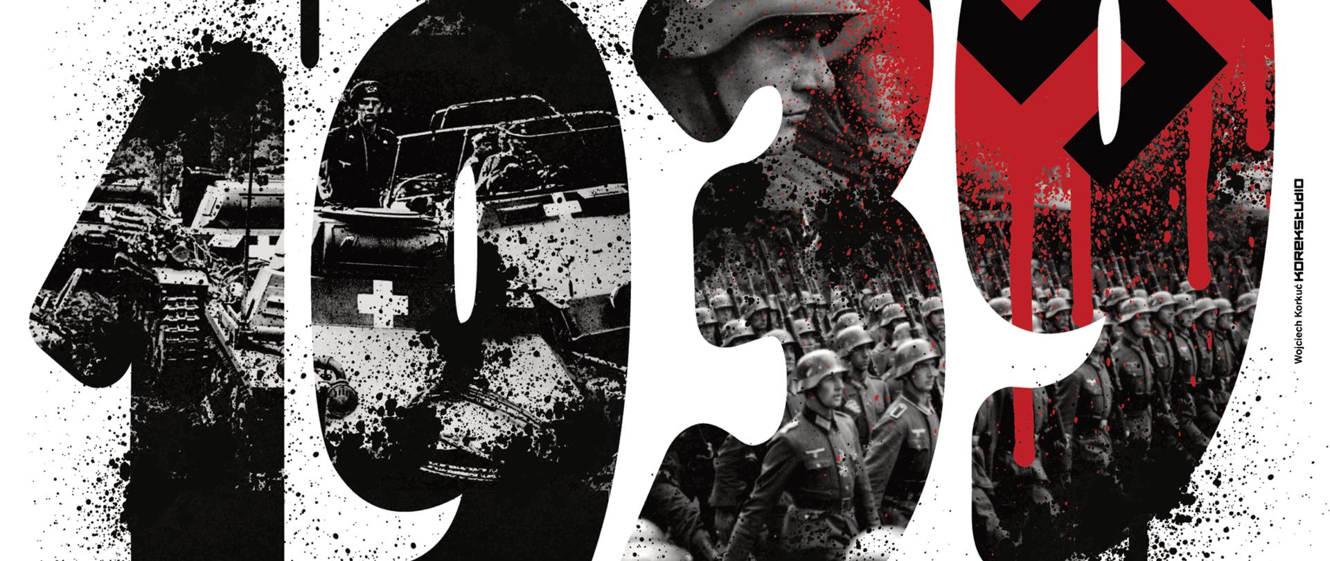Plakat 83 rocznica agresji Niemiec na Polskę. Czarne i czerwone litery na białym tle.