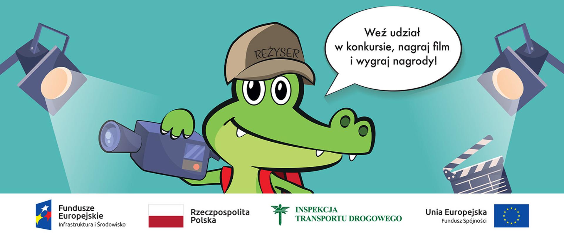 W centrum Krokodylek Tirek z czapką, na której jest napis Reżyser, w ręce trzyma kamerę, jest oświetlony przez dwa reflektory. Dookoła niego aparat fotograficzny, szpula taśmy filmowej, megafon, oraz tzw. klaps wykorzystywany przy kręceniu filmów. Krokodylek mówi: Weź udział w konkursie, nagraj film i wygraj nagrody! Na samym dole logotypy: Fundusze Europejskie Infrastruktura i Środowisko, Rzeczpospolita Polska, Inspekcja Transportu Drogowego i Unia Europejska Fundusz Spójności