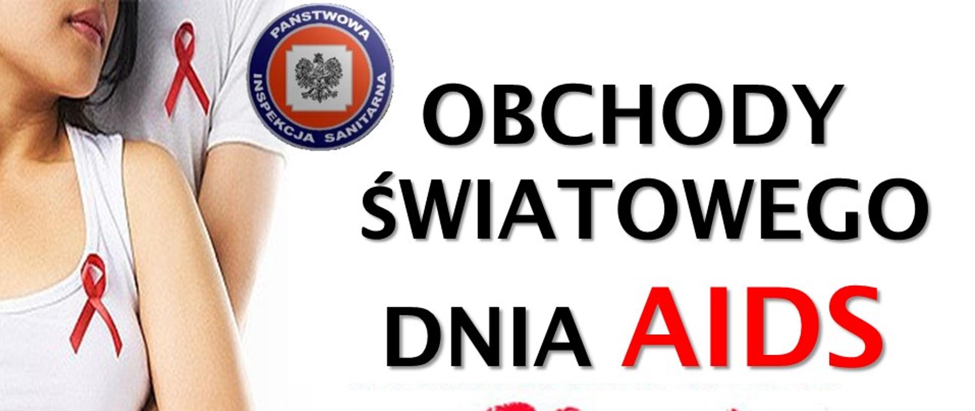 w białym prostokącie 2 osoby objęte w białych koszulkach z czerwoną kokardką , obok kontynenty świata nad nimi napis Obchody Światowego Dnia AIDS, miejsce Liceum Ogólnokształcace w Słupcy 2022