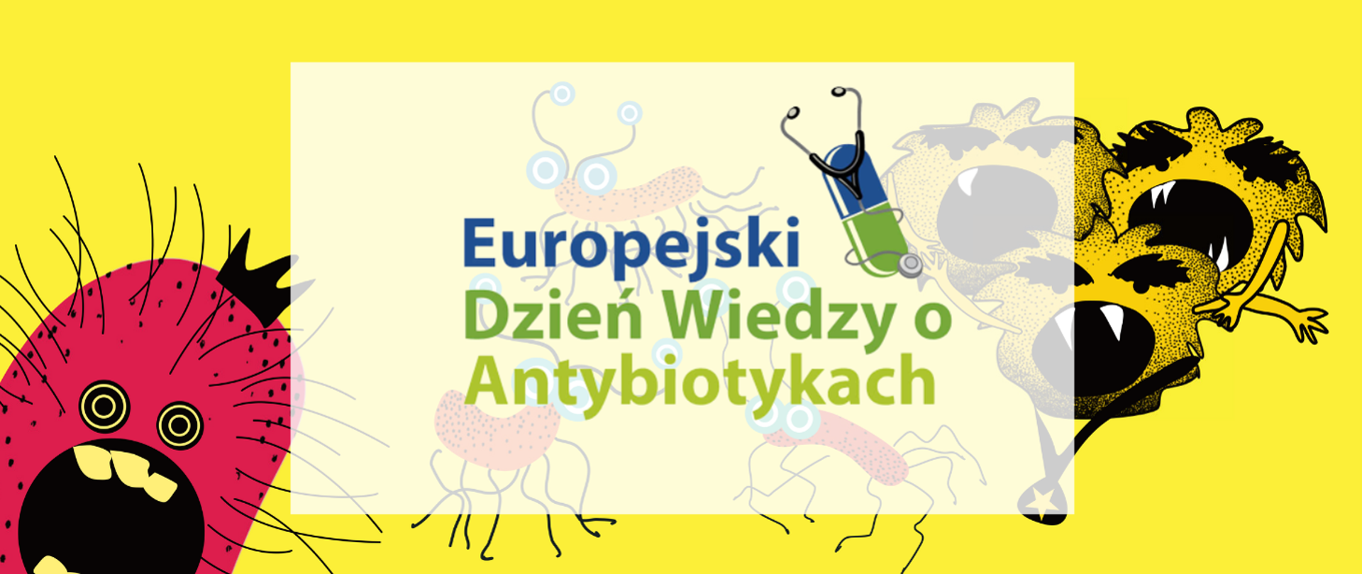 Baner przedstawia różne wirusy, które uciekają przed antybiotykiem. Na środku widnieje napis "Europejski Dzień Wiedzy o Antybiotykach".