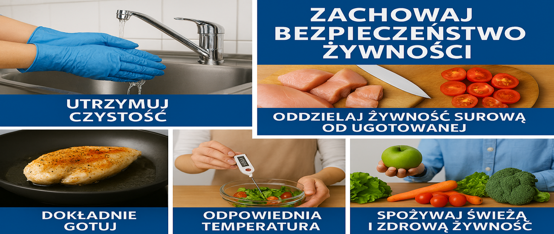na zdjęciu przedstawione są ręce w rękawiczkach pod kranem, filet na patelni, miska warzyw z termometrem, pokazane jest również oddzielona żywność surowa od ugotowanej oraz warzywa i owoce przedstawione są jako zdrowa żywność (marchewka, jabłko, sałata, brokuł, pomidory) 