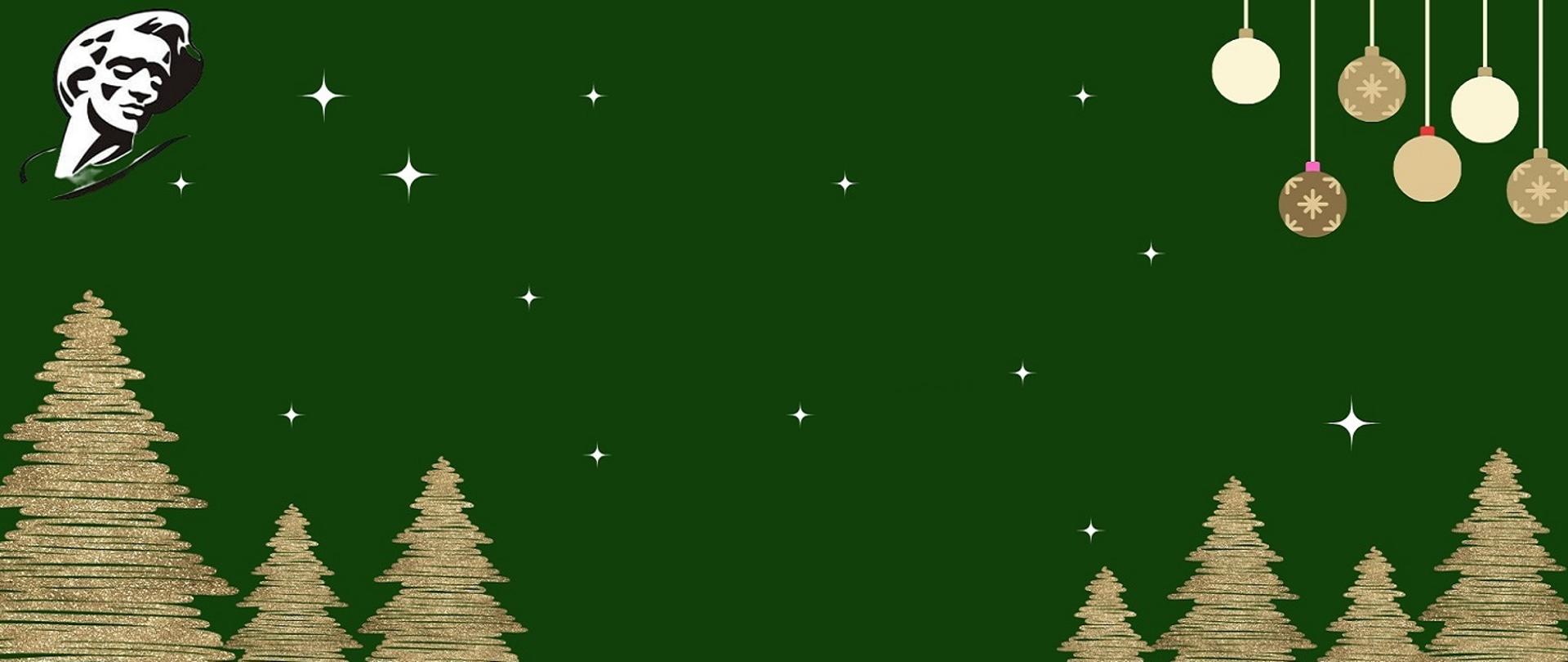 Na ciemno zielonym tle znajdują się złote choinki, głowa F. Chopina i kilka złotych bombek