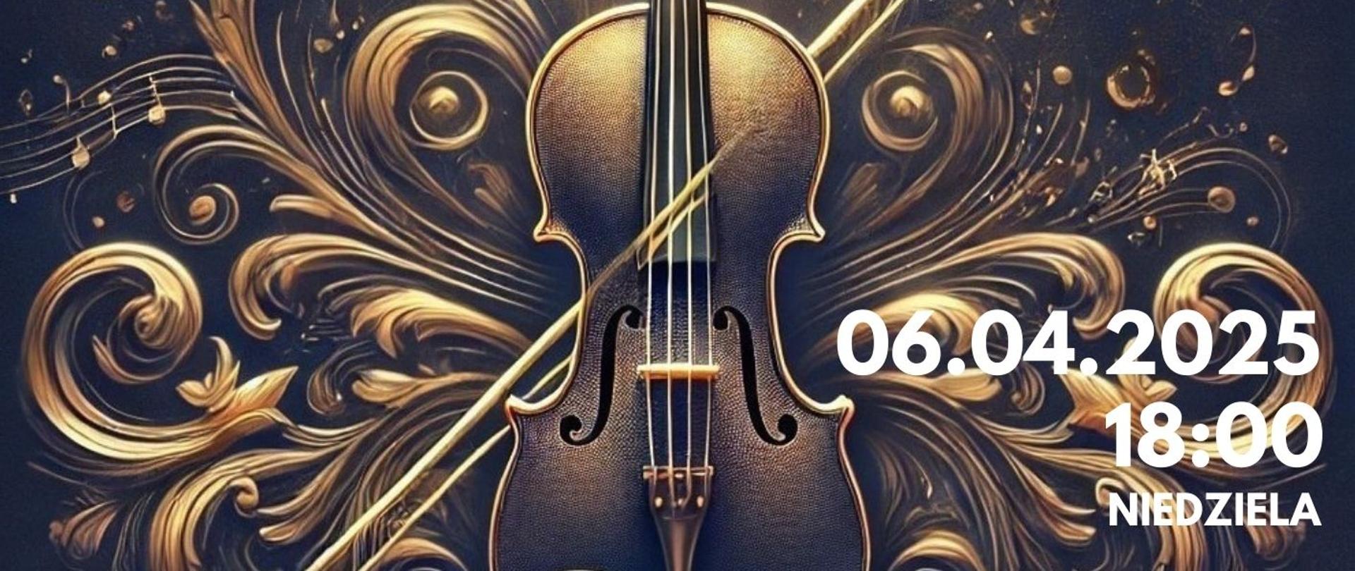 Plakat informacyjny dotyczący koncertu Marcin Hałat Skrzypce i Filip Bies Fortepian odbywającego się w dniu 6.04.2025 r. o godz. 18.00